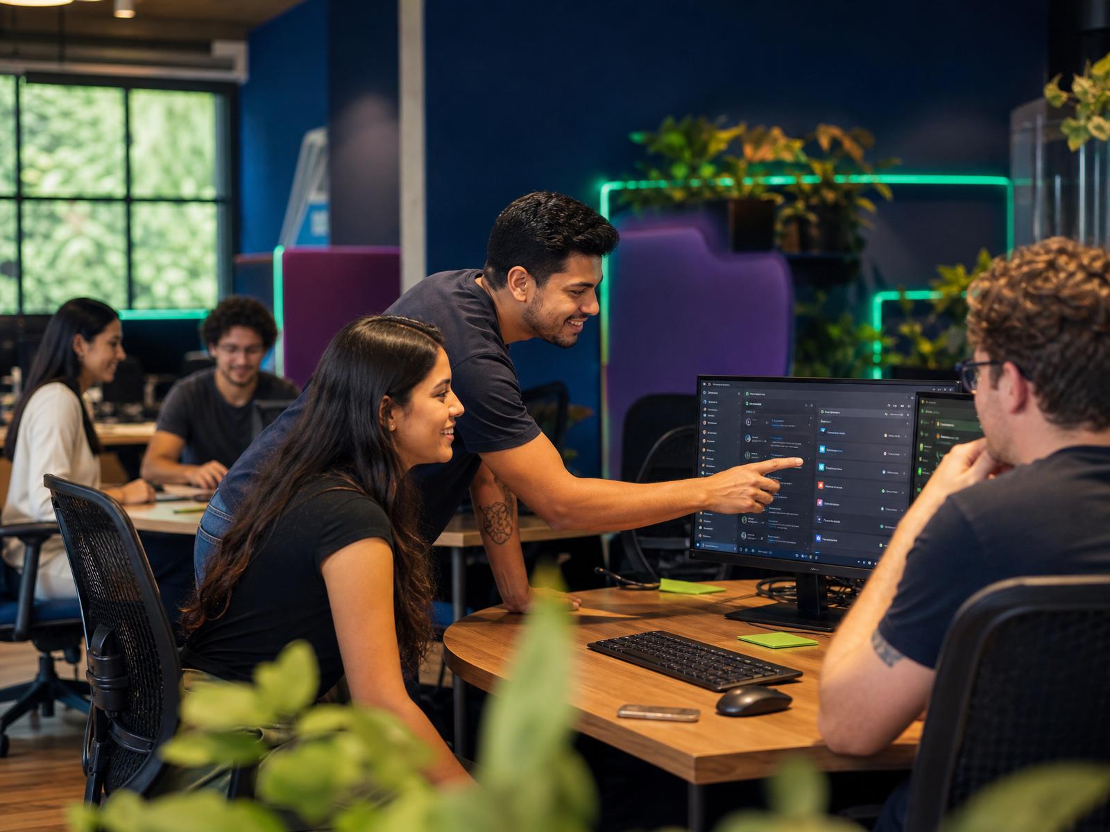 Trend team collaborating in a modern technology office